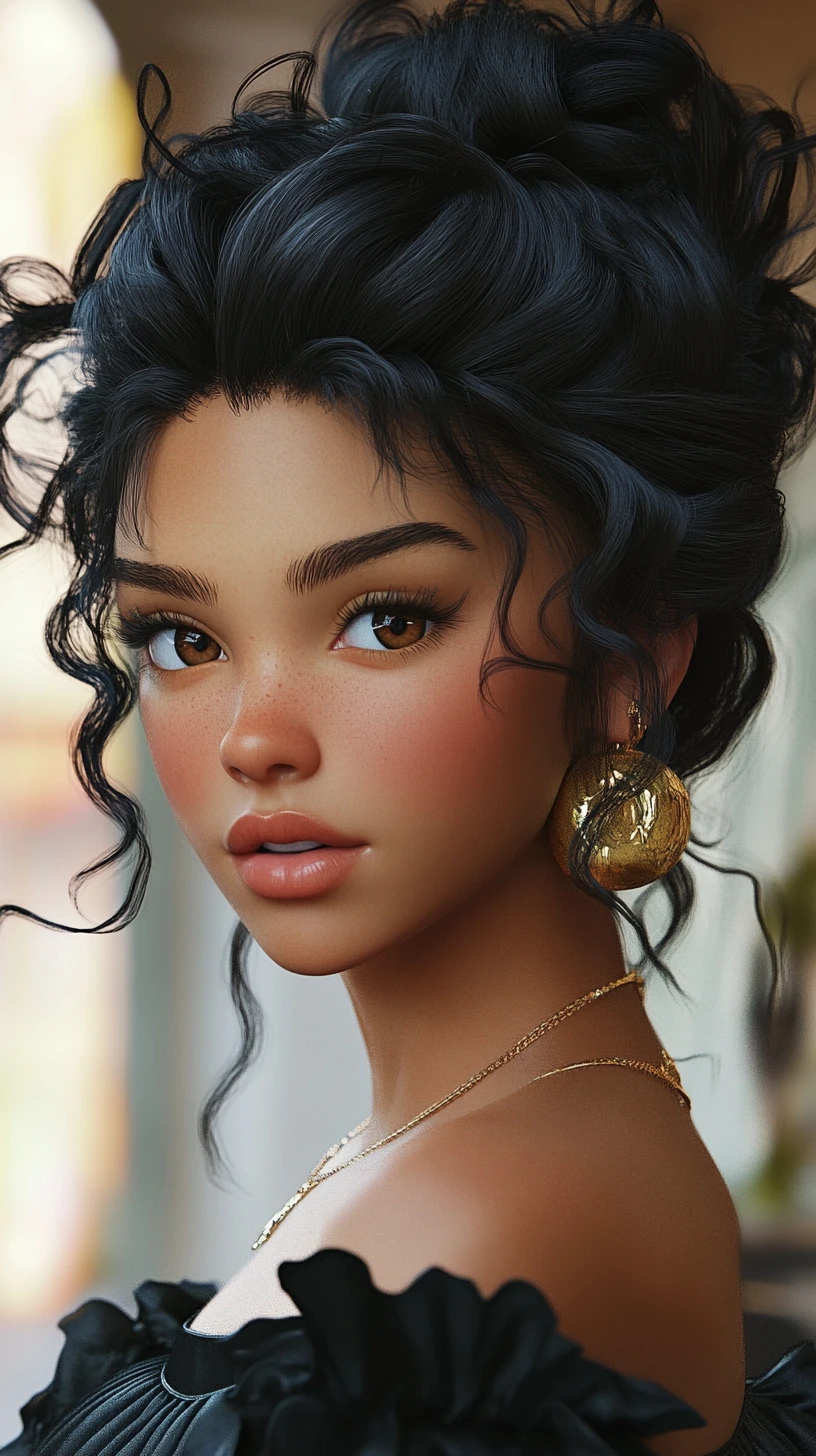 Retrato 3D de mulher elegante com cabelo preto cacheado