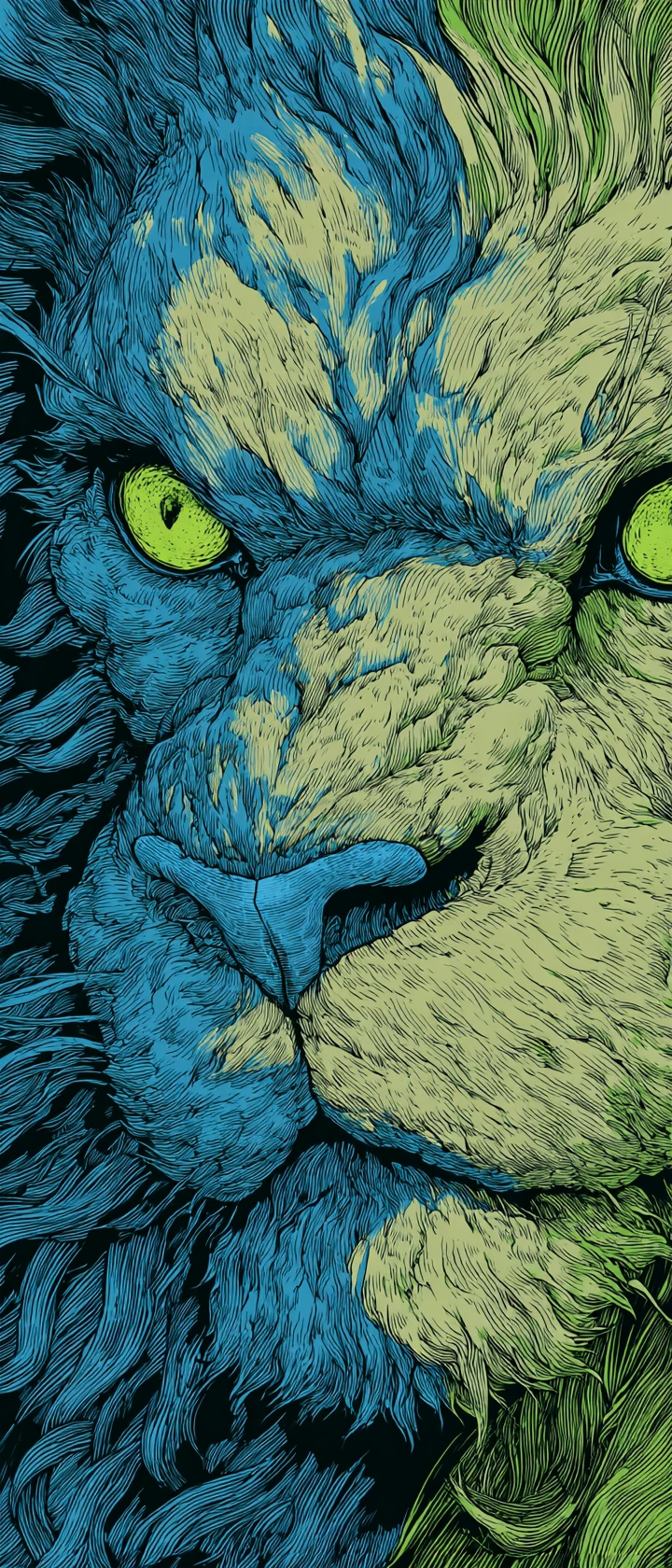 Farbenfroher Manga-Löwe in Blau‑Grau- und Grüntönen