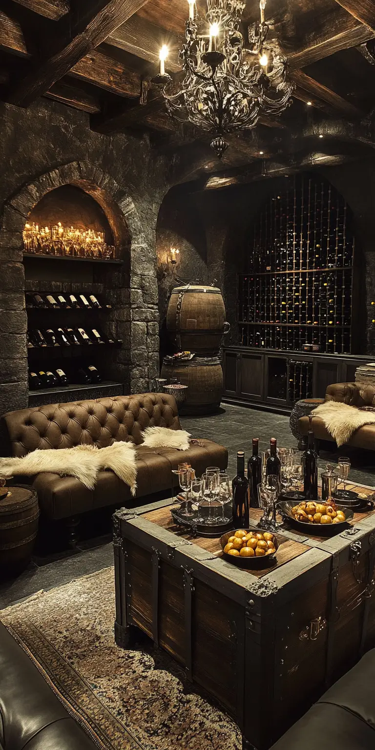 Cave à vin fantastique et sombre avec luxueuse table de dîner centrale