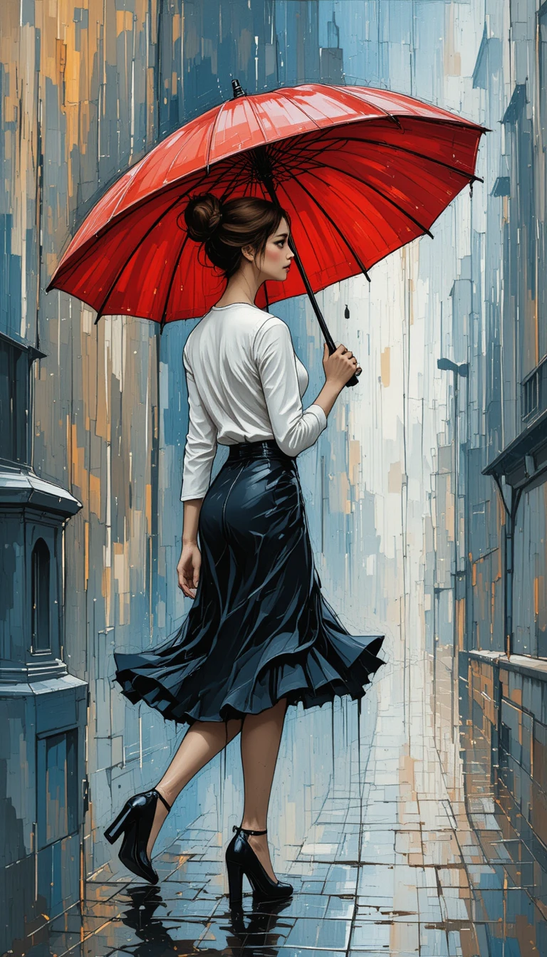 Mulher elegante com guarda-chuva vermelho em rua chuvosa da cidade