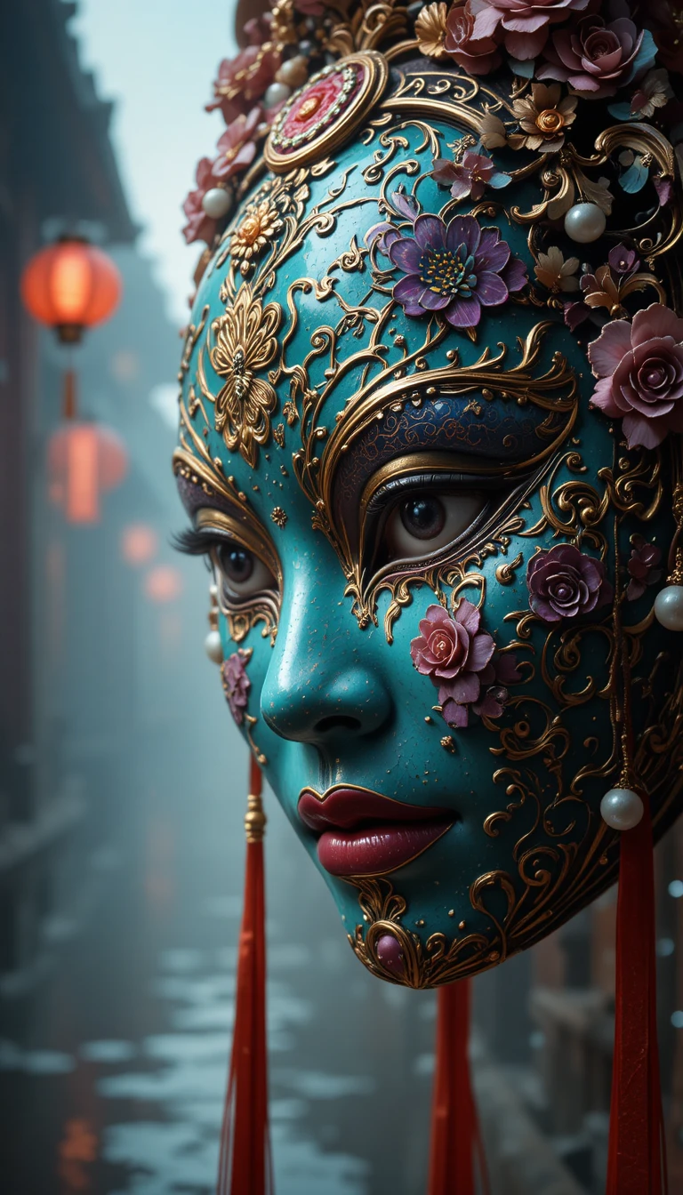 Chinese opera mask glowing in a lantern lit alley