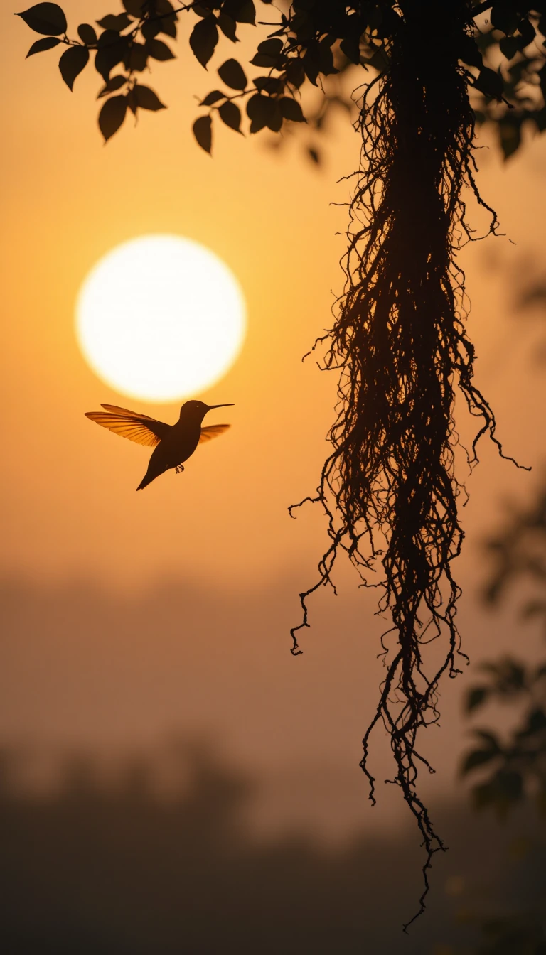 Silhueta de beija-flor em contraluz voando no brilho quente do pôr do sol