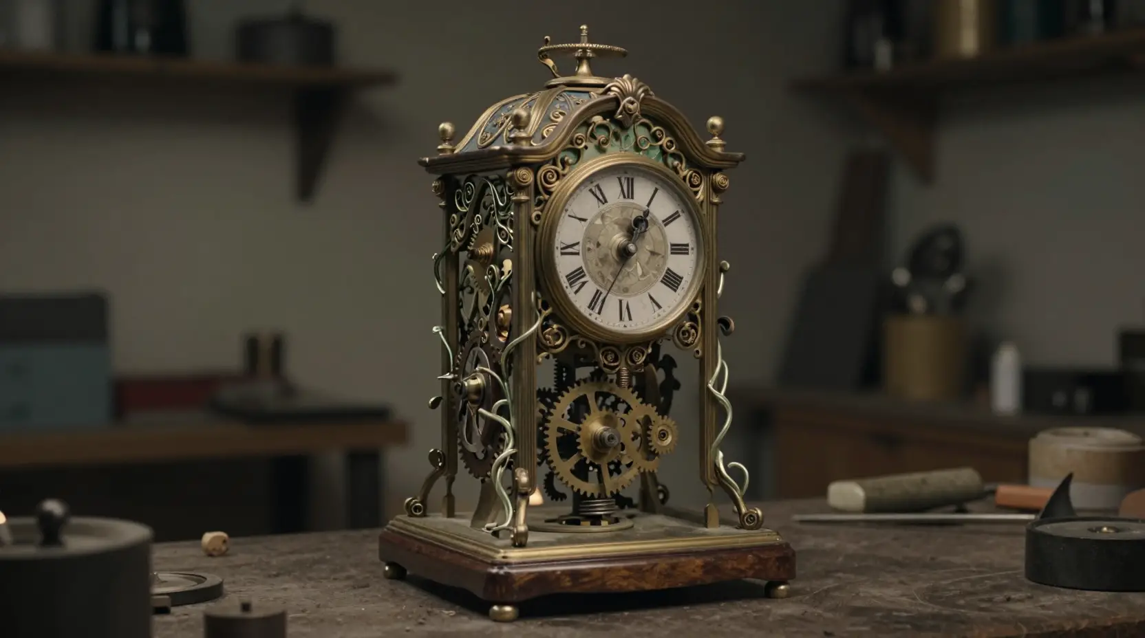 Art nouveau clockwork automaton in a dim workshop