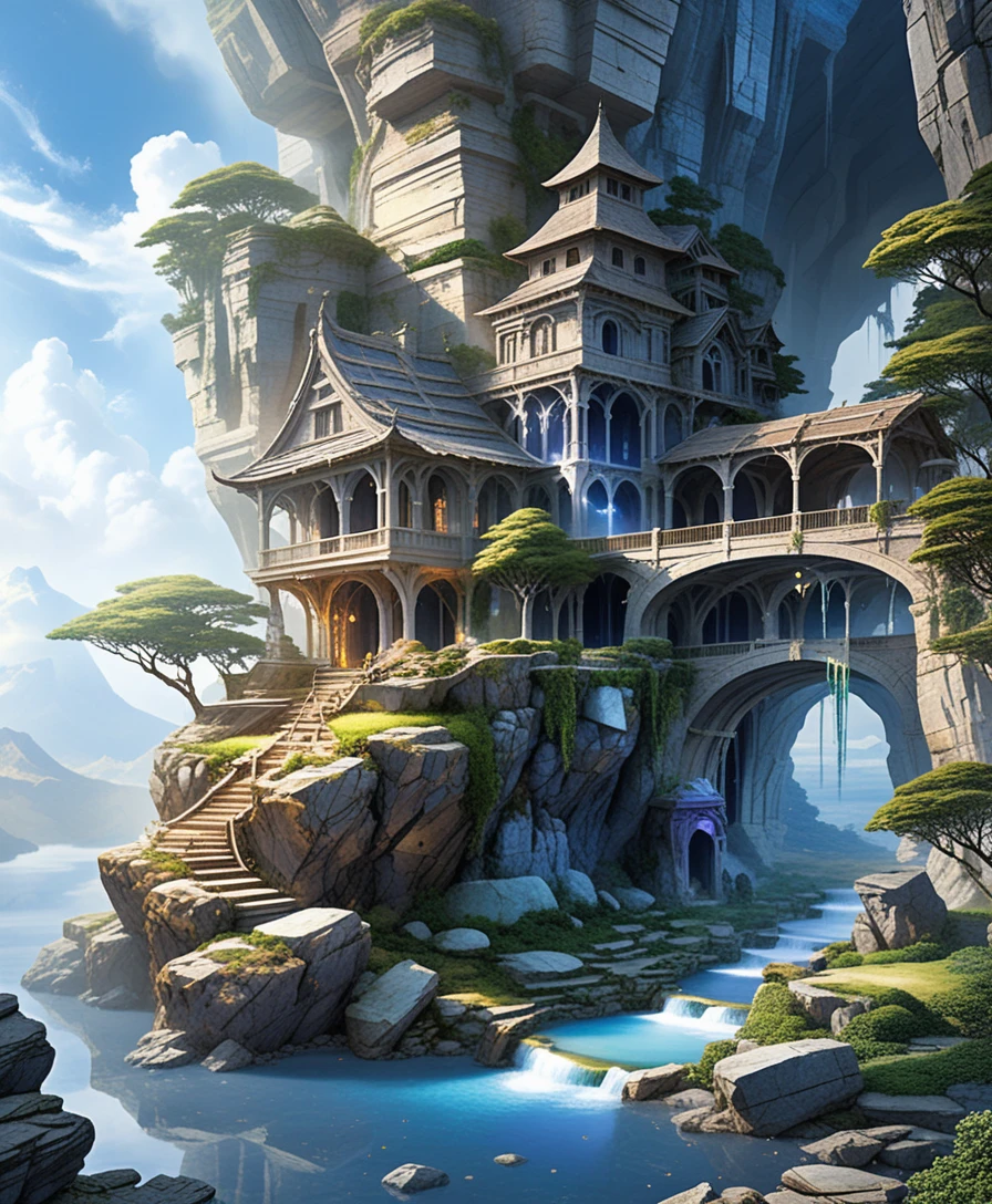 Maison Grotte en Pierre Mystique dans un Paysage Brumeux et Serein