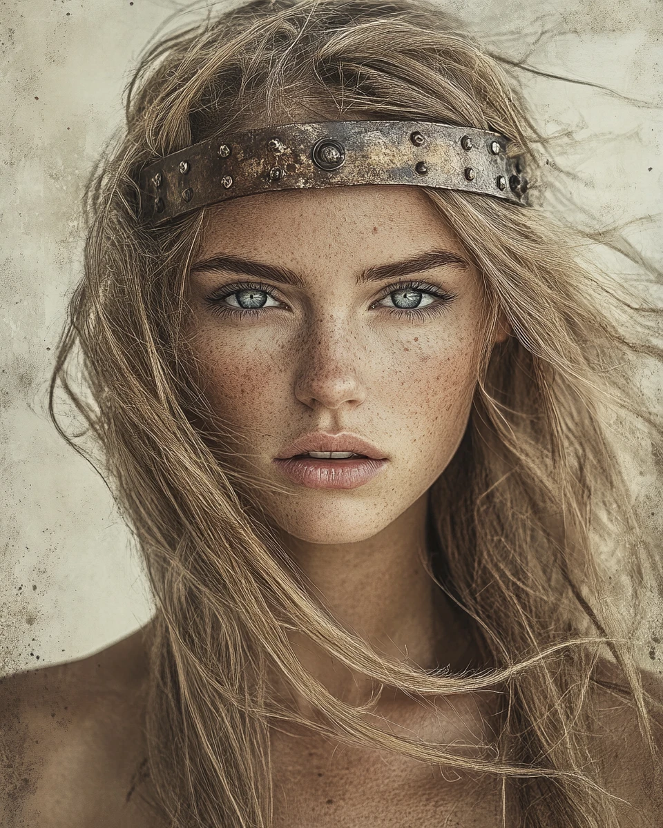 Warrior woman portrait with wild hair and intense gaze