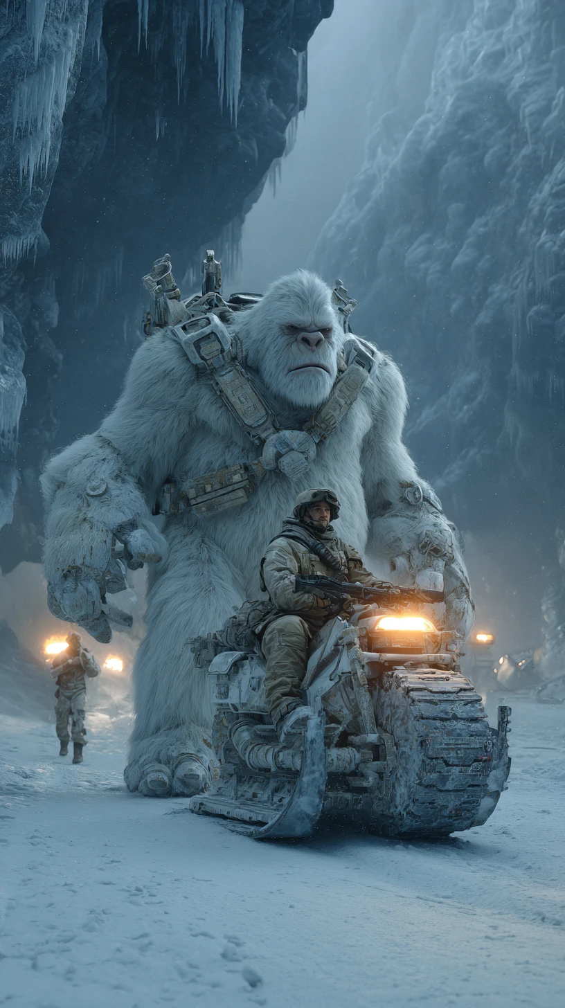 Yeti branco cibernético blindado em guerra nas montanhas nevadas escuras