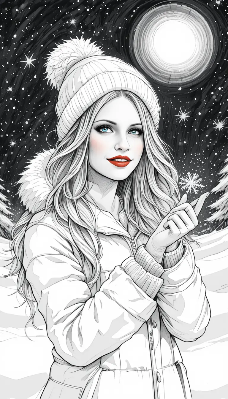 Femme blonde attrapant des flocons de neige au clair de lune hivernal