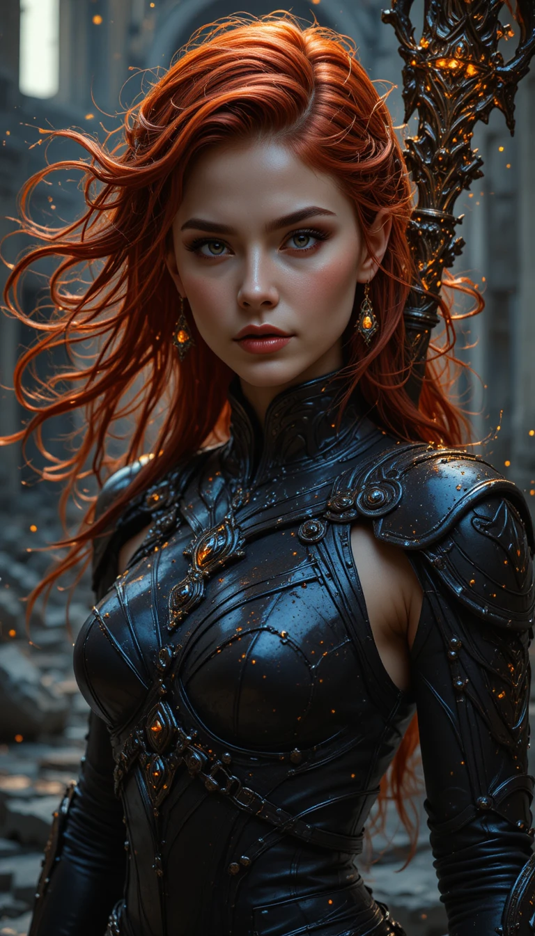 Fiery haired fantasy heroine in obsidian armor