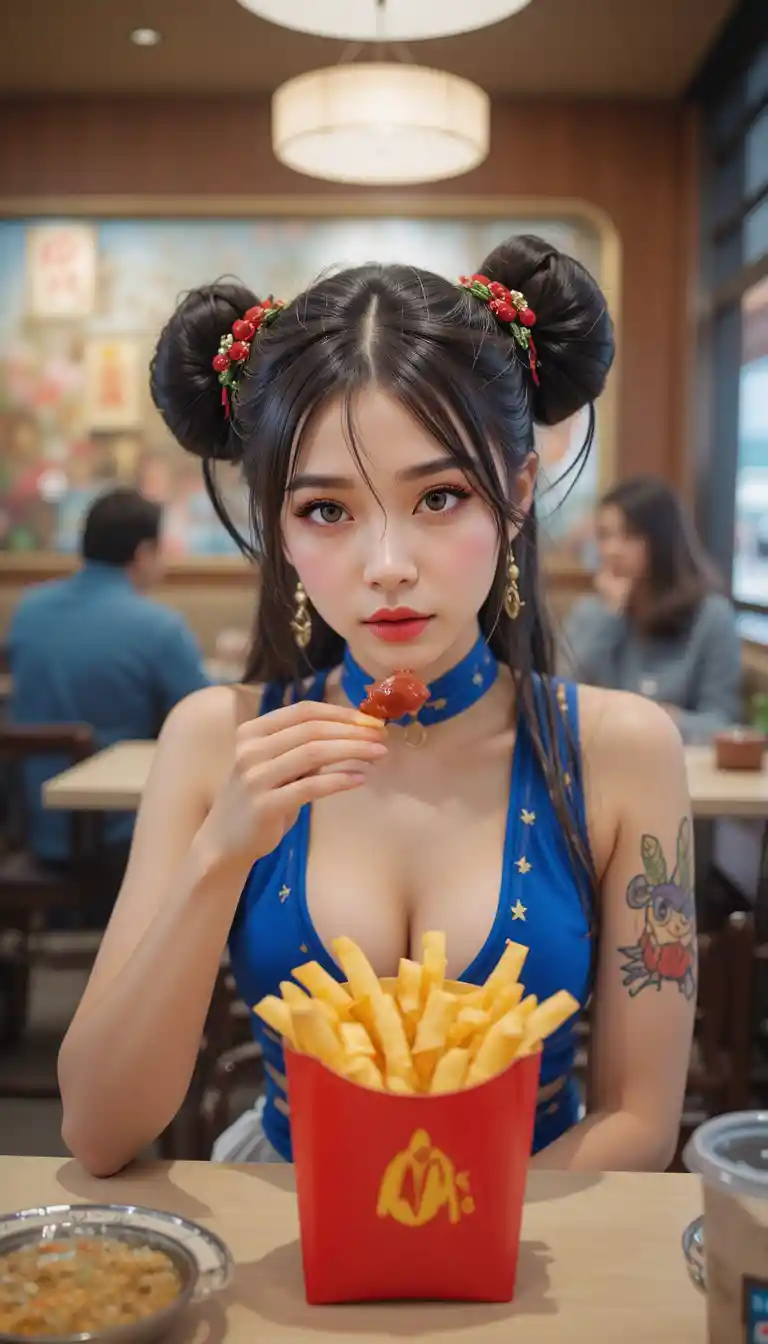 Fille en cosplay de Chun Li offrant des frites à une table de restaurant