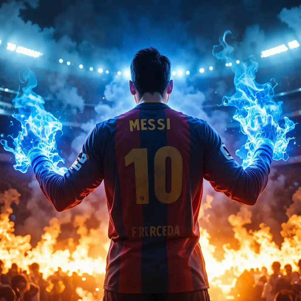 Eroe del calcio con poteri psichici blu e fuoco tutt’intorno