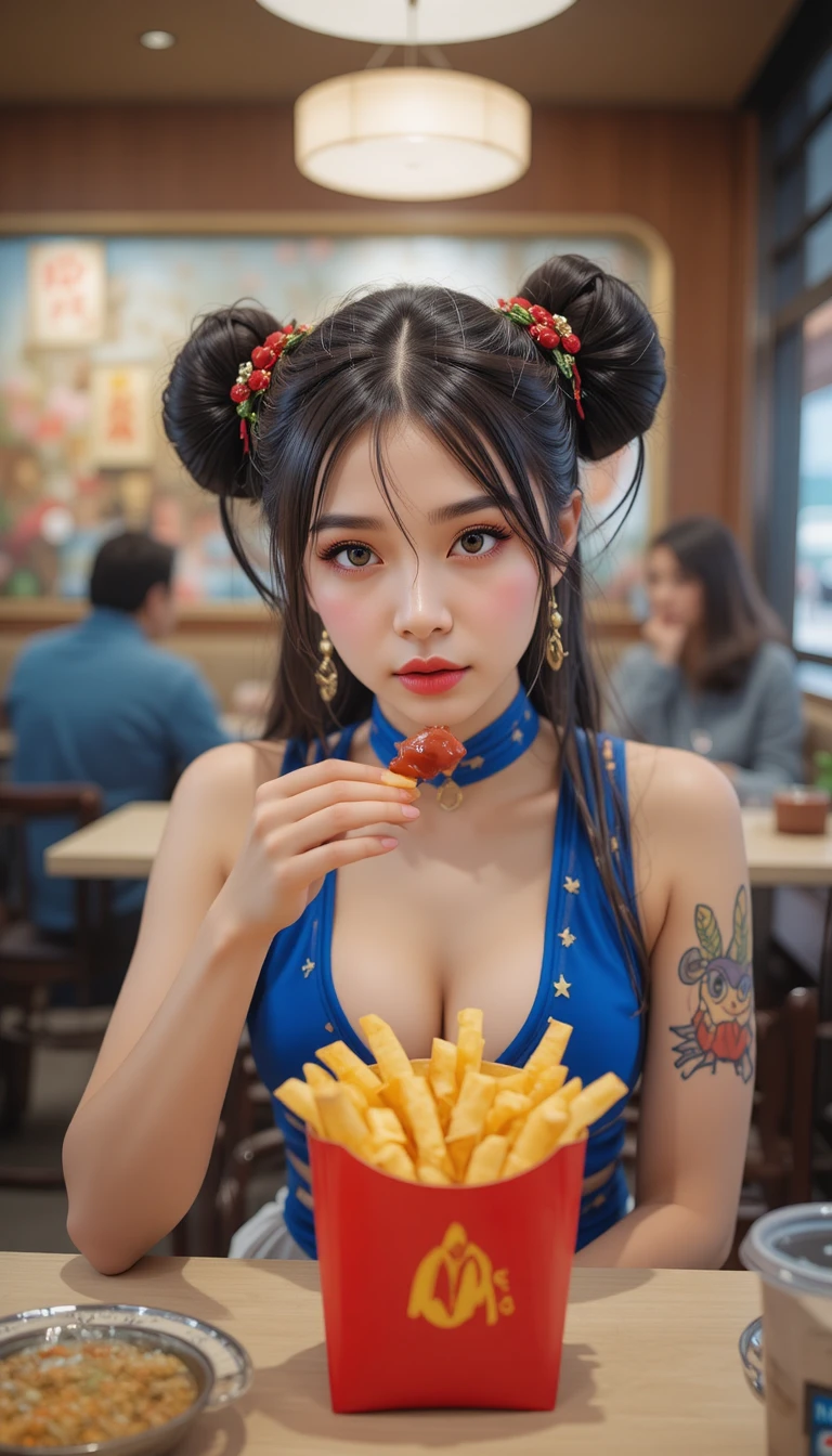 春麗 Cosplay 女孩在餐廳桌前遞上薯條