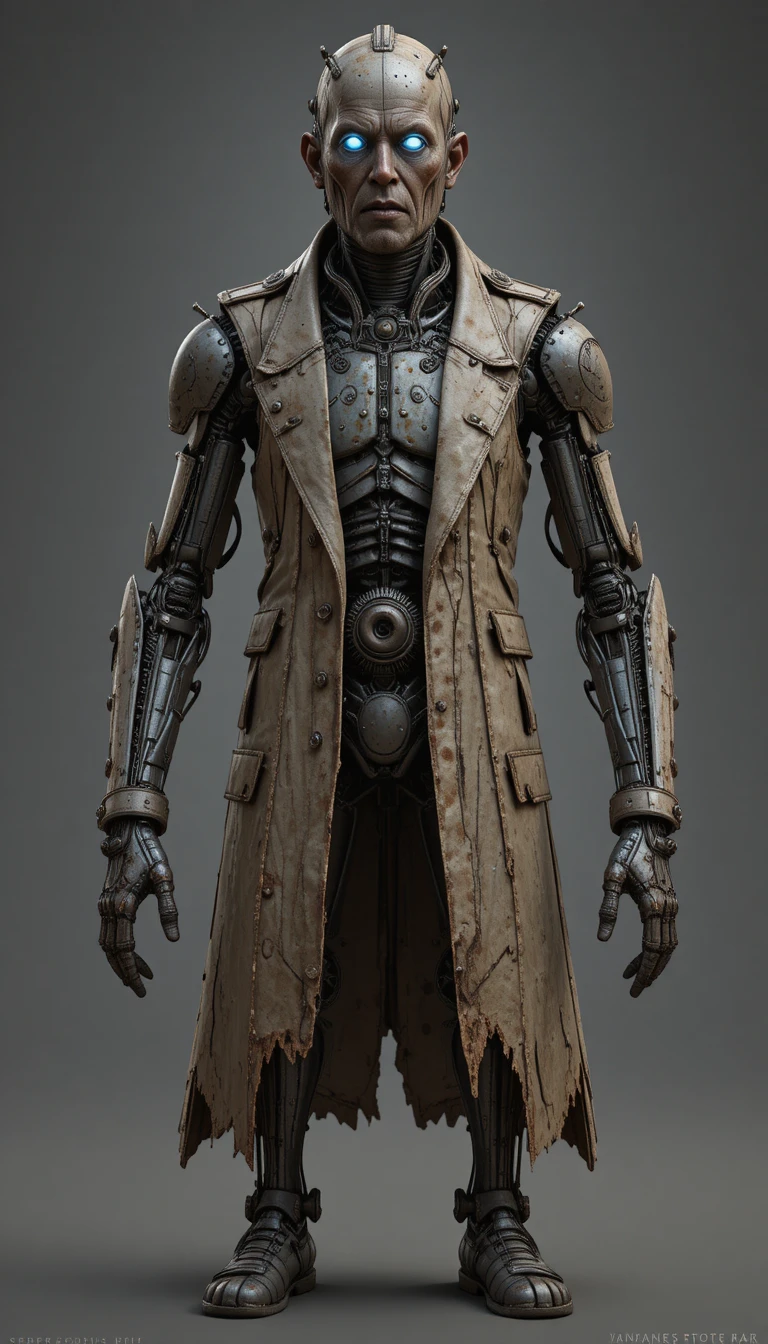 Robô humanoide enferrujado com sobretudo – ficha de personagem