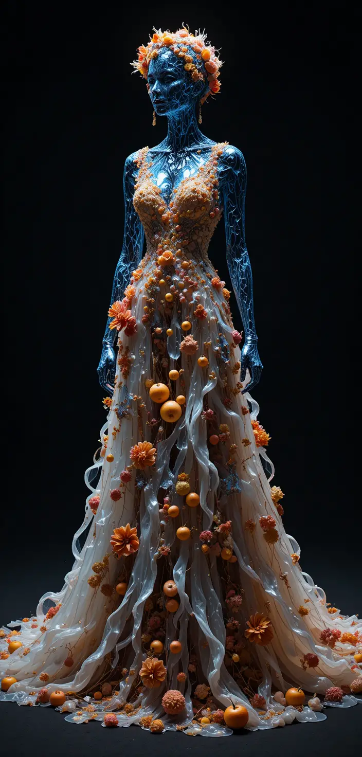 Couture dress woven from water and volcanic lava textures