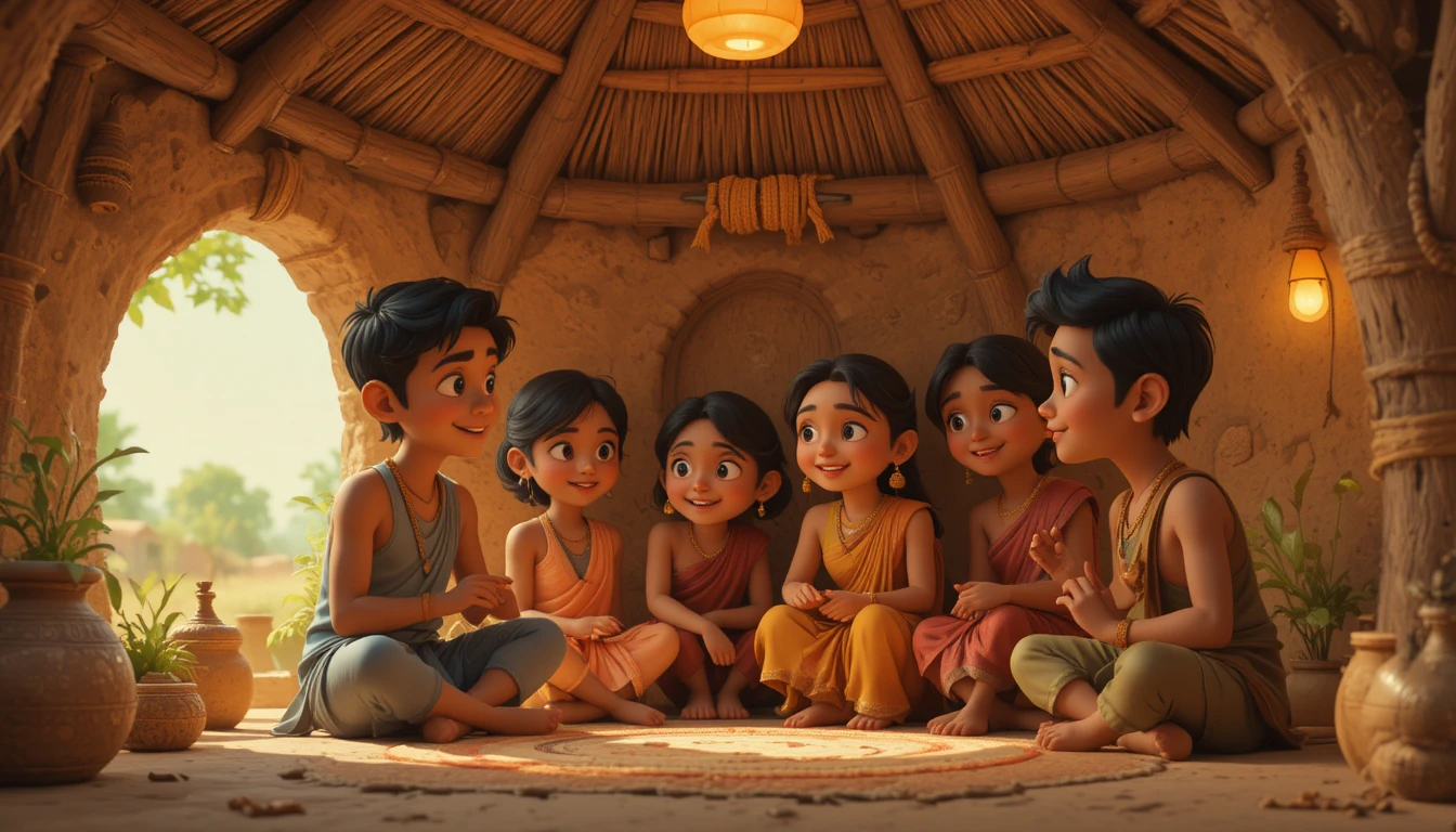 Friendly villagers talking inside a warm 3D village hut