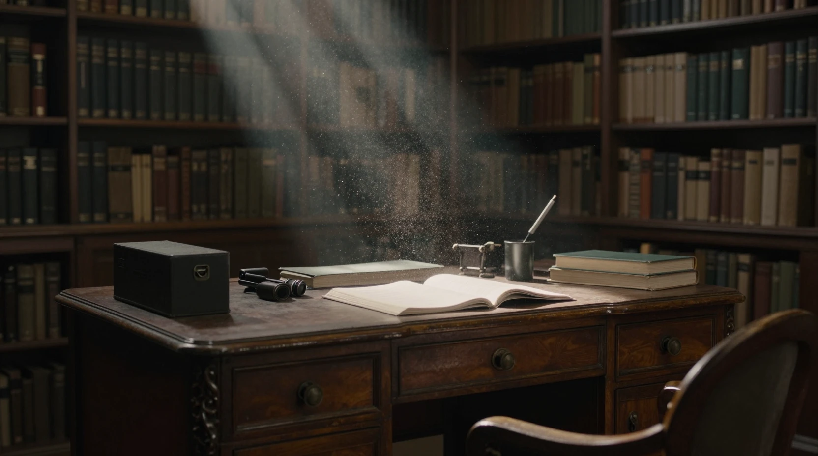 Escritorio polvoriento de biblioteca en un tranquilo haz de luz