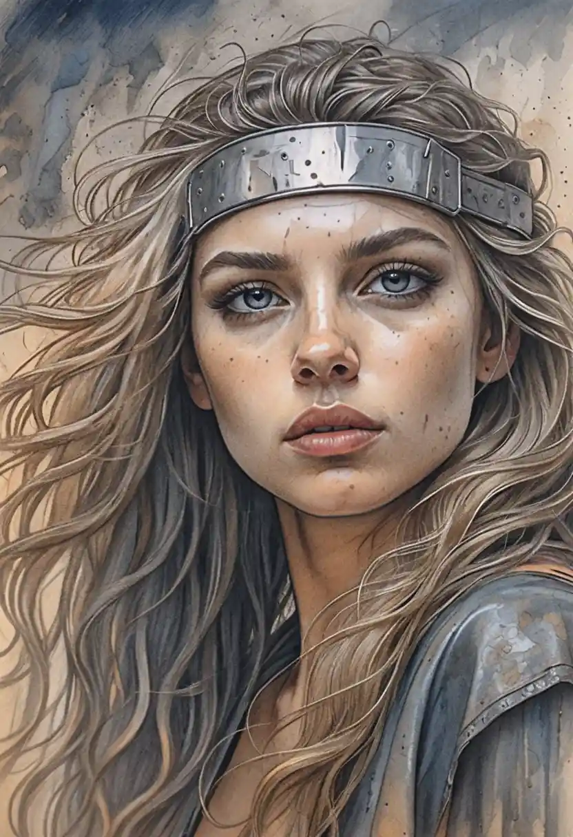 Warrior woman portrait with windblown hair and fierce gaze