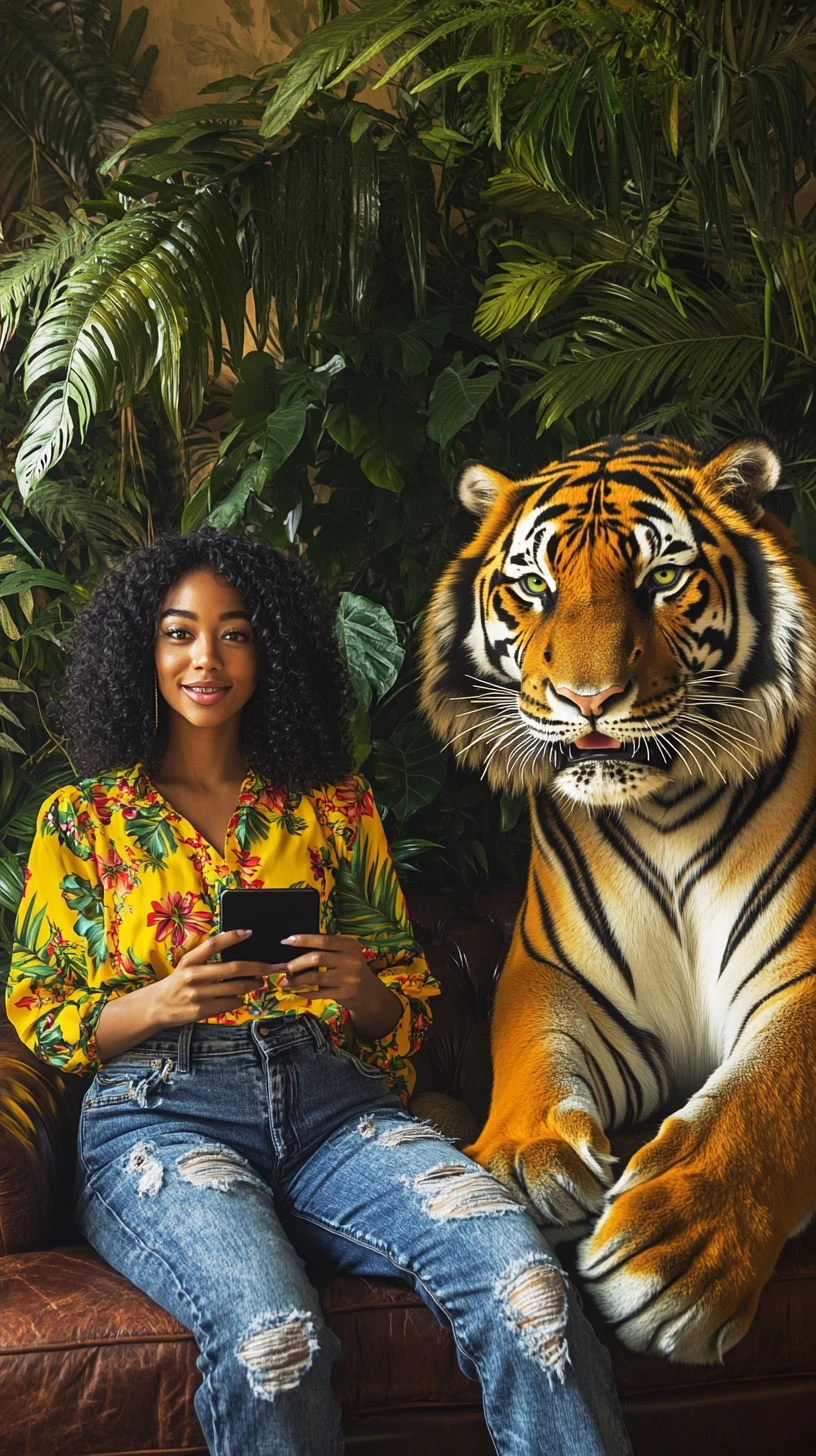 Donna che filma un selfie con una tigre in un salotto in stile giungla