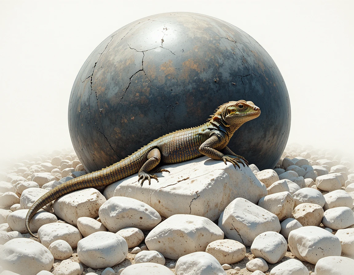 Small brown green lizard on white pebbles in sunlight