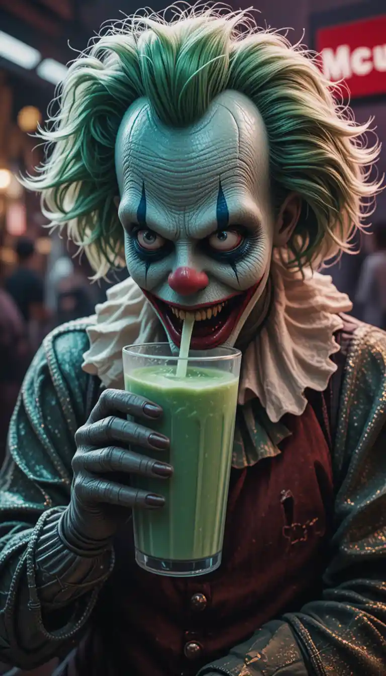 Clown vert inquiétant buvant un milkshake dans un fast‑food