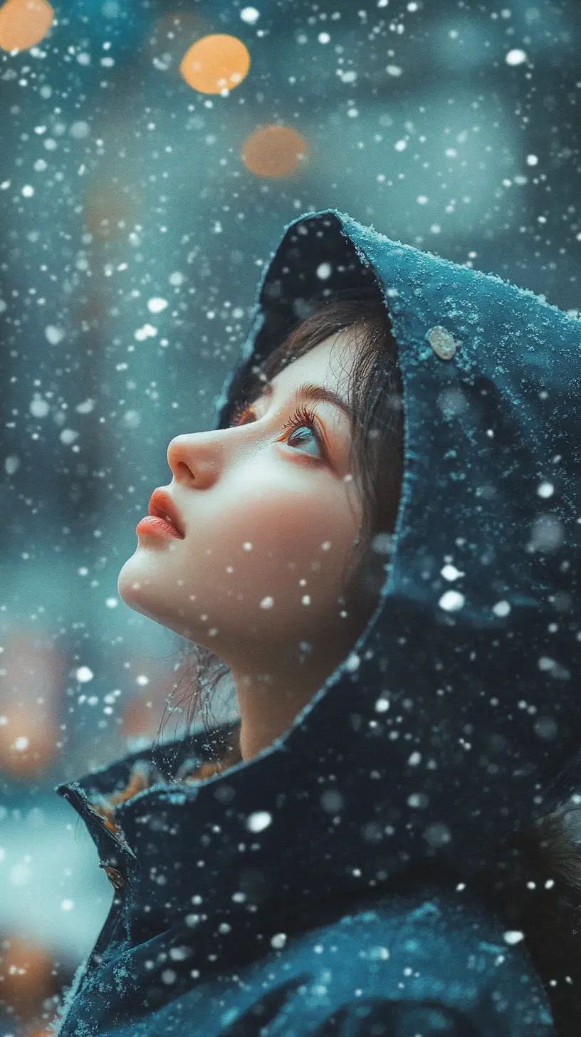 Gros plan d’une fille neko en manteau bleu foncé sous la neige