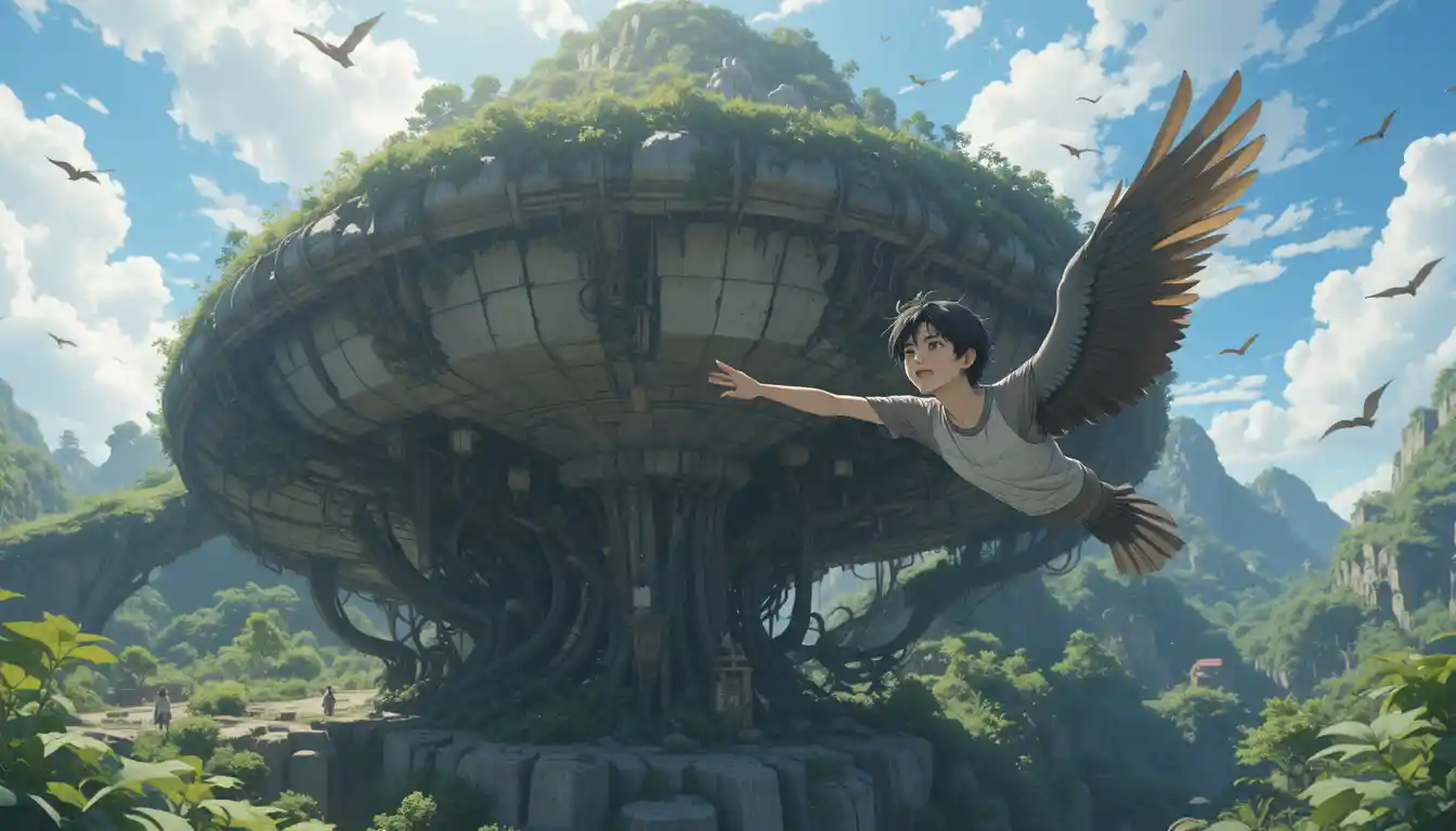 Anime boy flying like a bird toward a distant hill