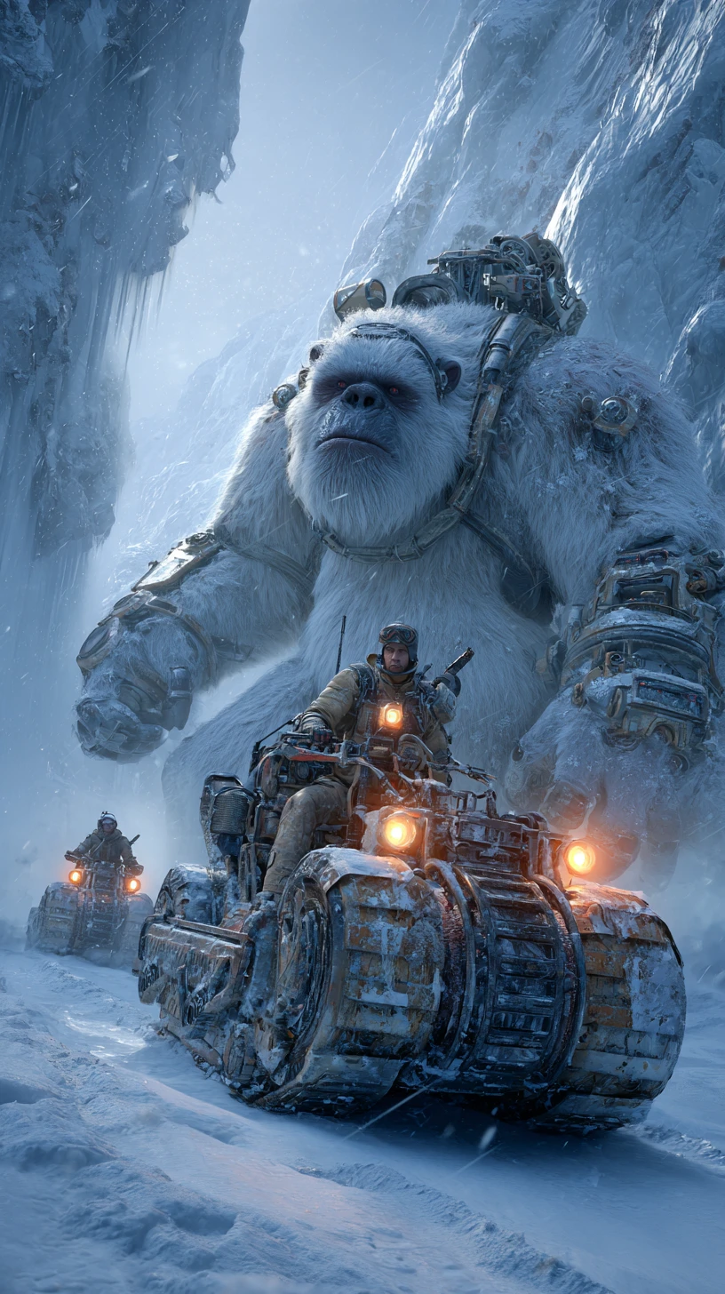 Portrait hyperréaliste en gros plan d’un yéti blanc cuirassé dans la neige