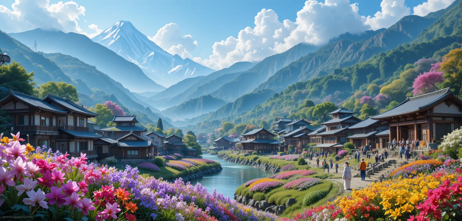 Village de montagne japonais idyllique avec champs de fleurs en pleine floraison
