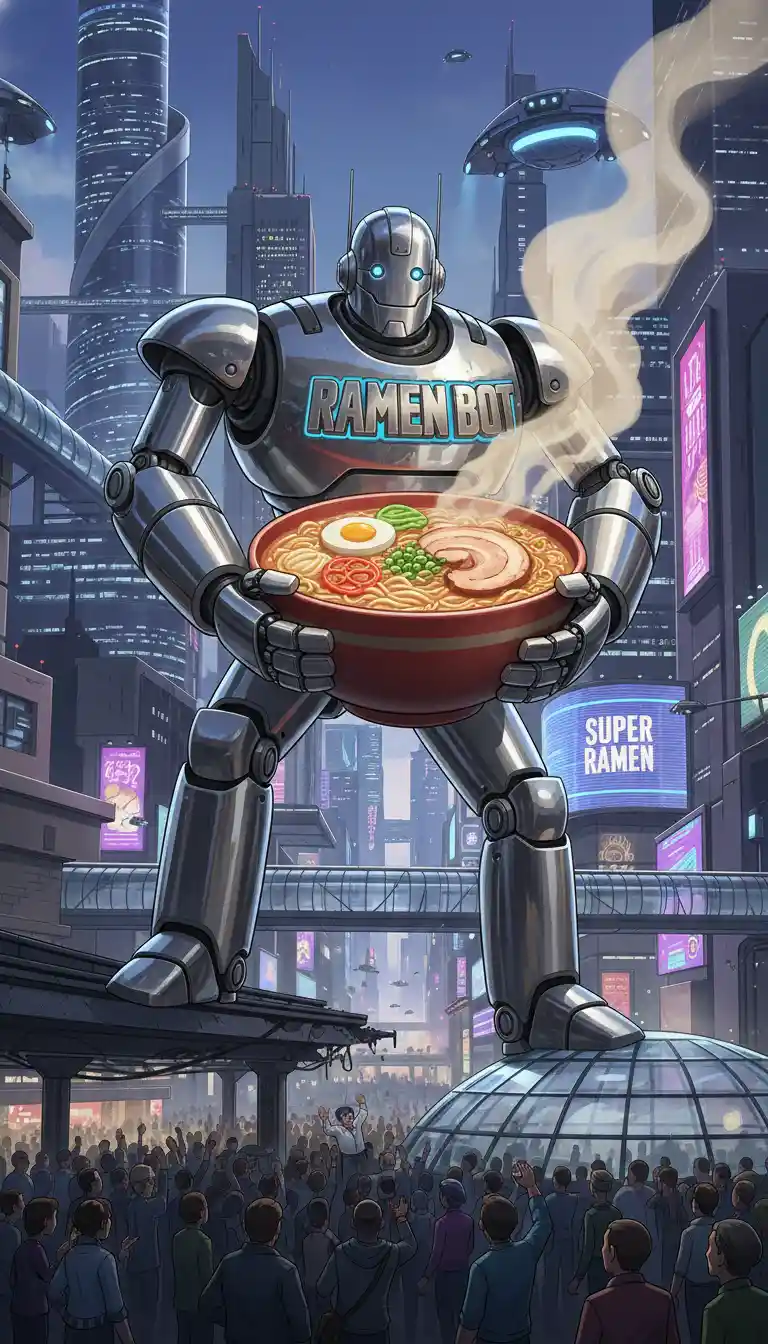 Enorme robot futuristico che protegge una ciotola fumante di ramen
