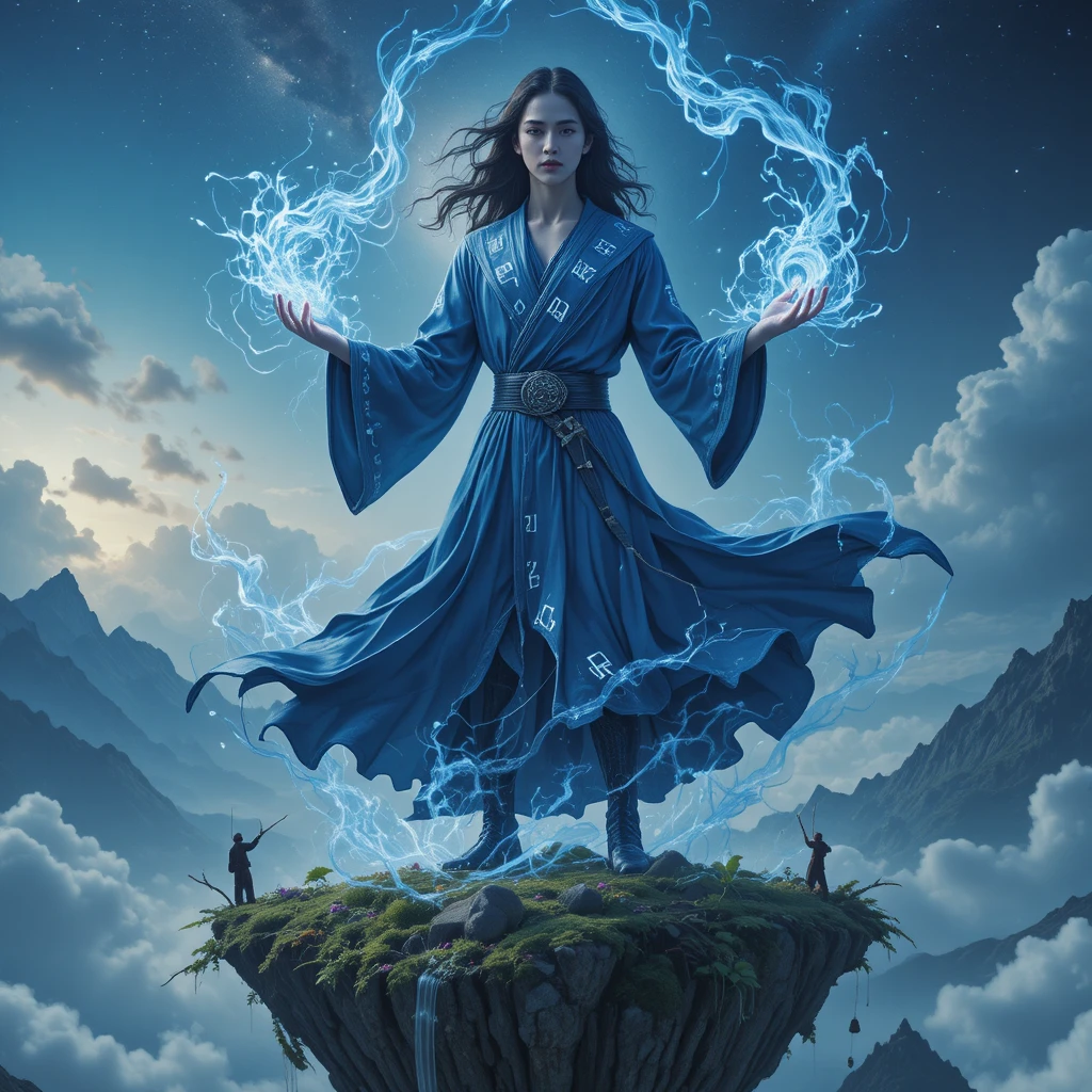 Young mage channeling power on a floating island