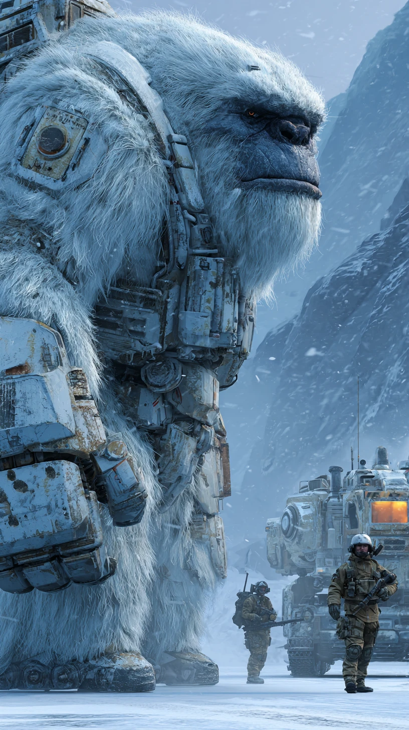 Yeti branco blindado em close ao lado de soldado de inverno