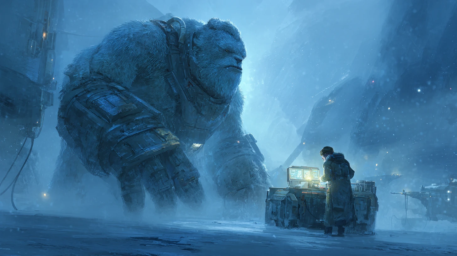 Gigante golem de neve avança por uma nevasca ártica
