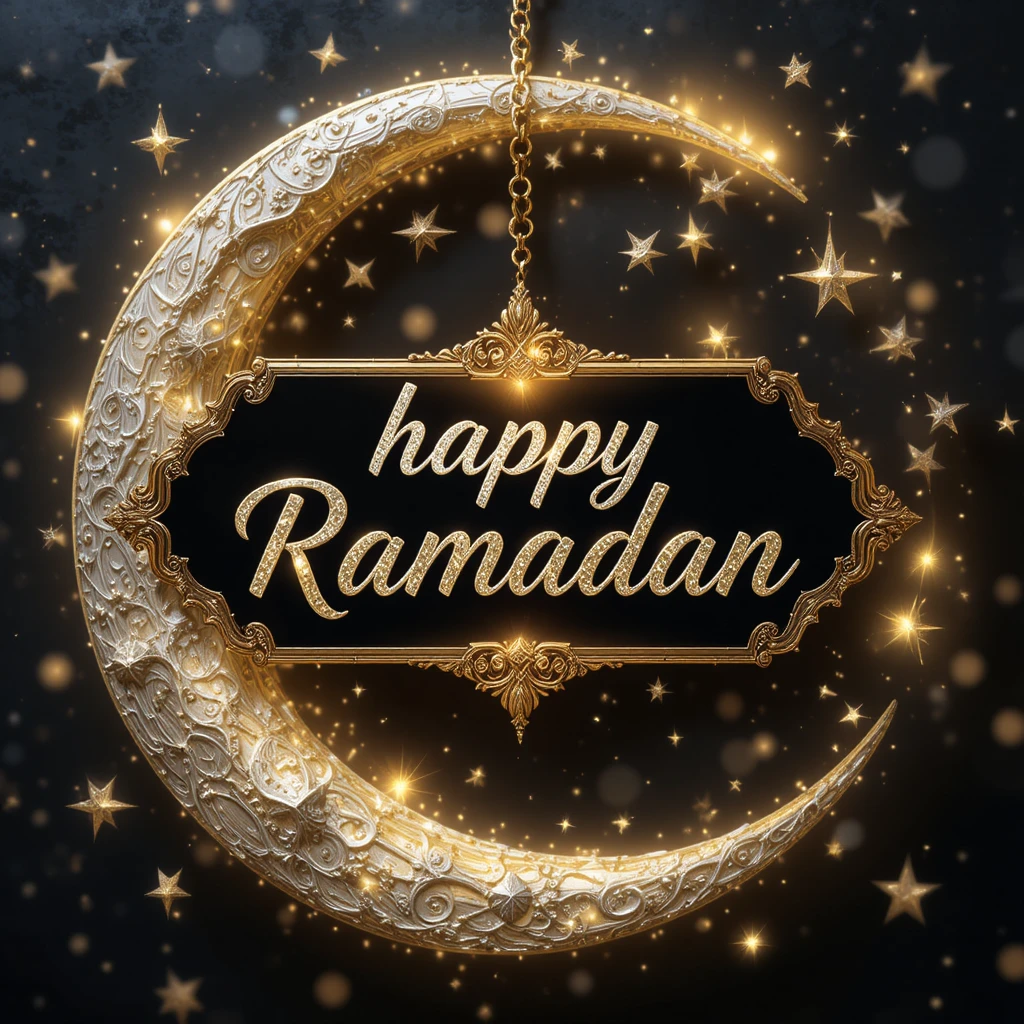 Lua crescente brilhante e estrelas com caligrafia de feliz Ramadã