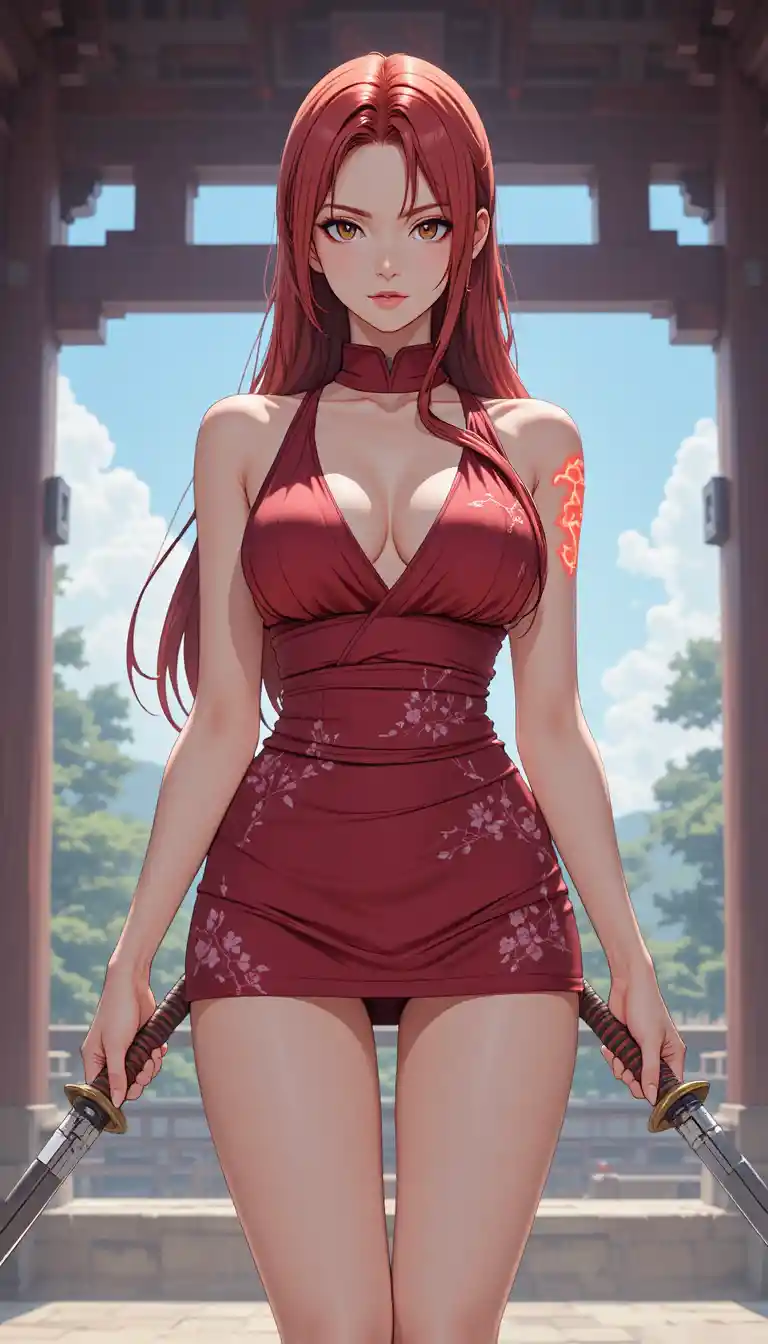 Guerrière d’anime avec deux katanas dans un temple