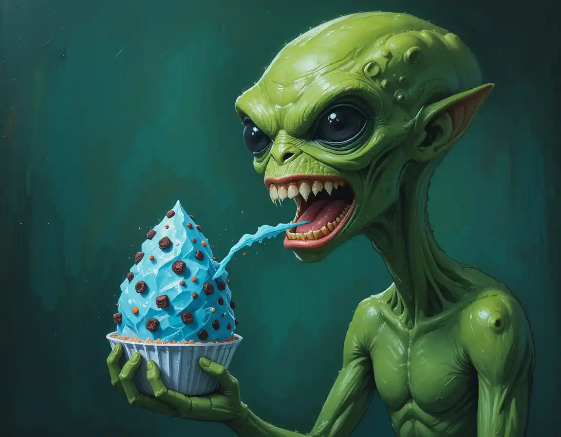 綠色外星人大口吃著藍色冰淇淋的卡通風插畫