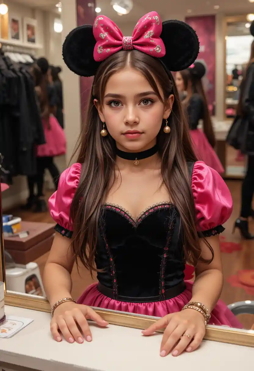 Pre-adolescente infastidita in abito di Minnie allo specchio di una boutique