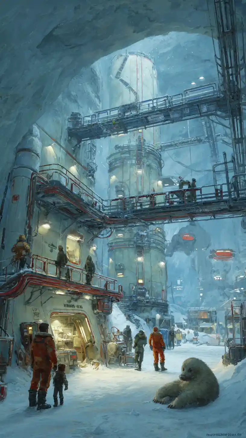 Futuristic glacier city interior with child and cybernetic ape