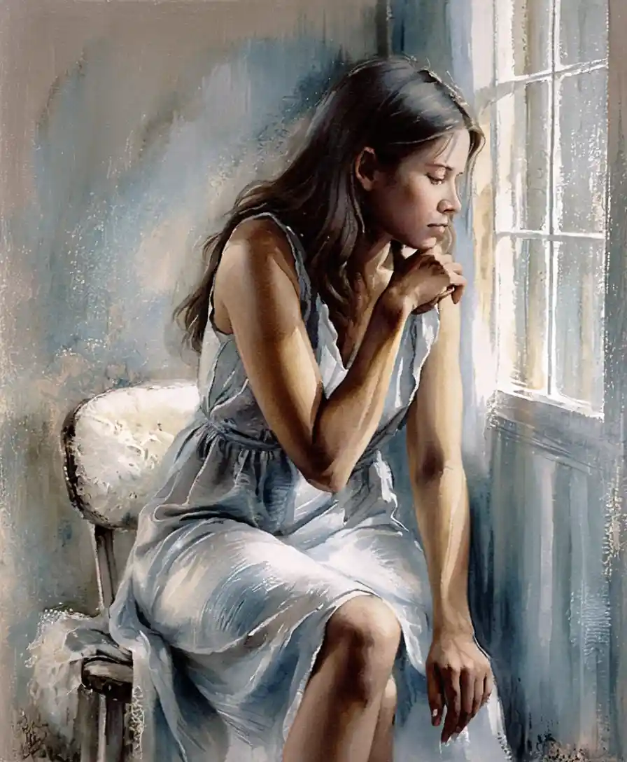 Contemplative young woman by a softly lit window
