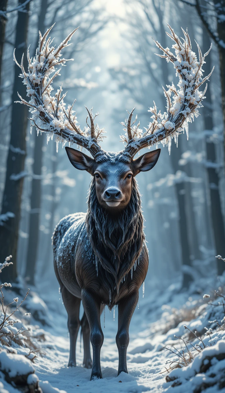 Cerf majestueux aux bois givrés dans une forêt enneigée et silencieuse