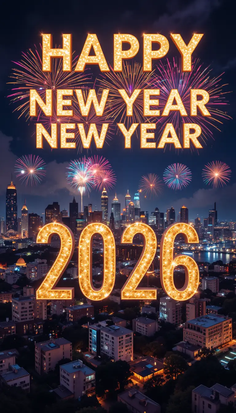 Night city skyline with fireworks and happy new year text