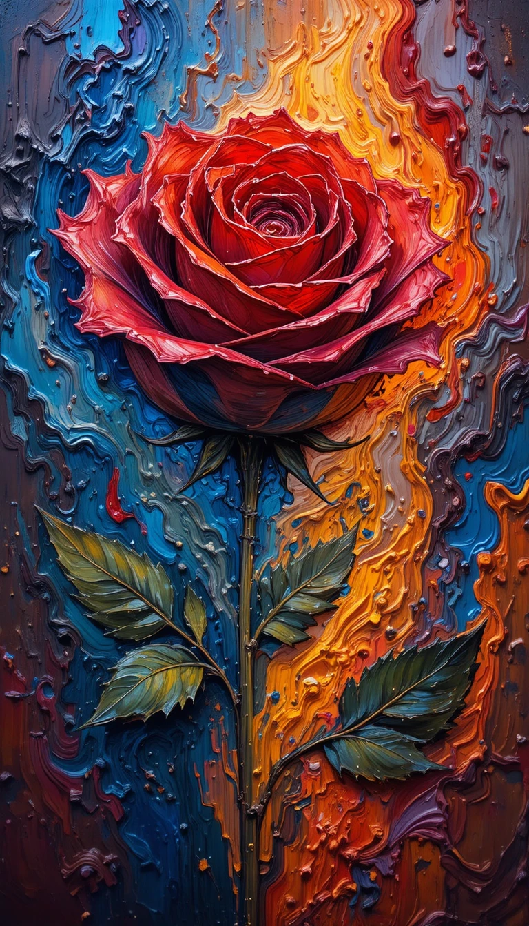 Rosa Rossa Ardente Dipinta con Spesse Pennellate a Impasto