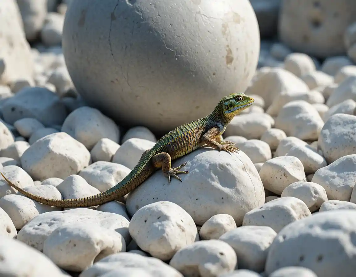 Small lizard resting on white pebbles in natural sunlight