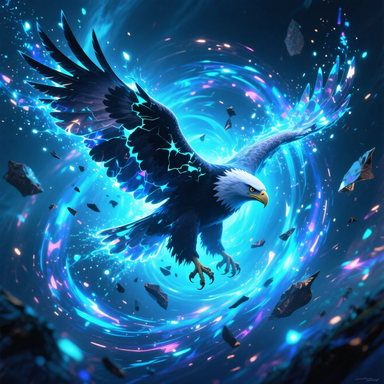 Águila Disolviéndose en un Vórtice de Partículas Brillantes