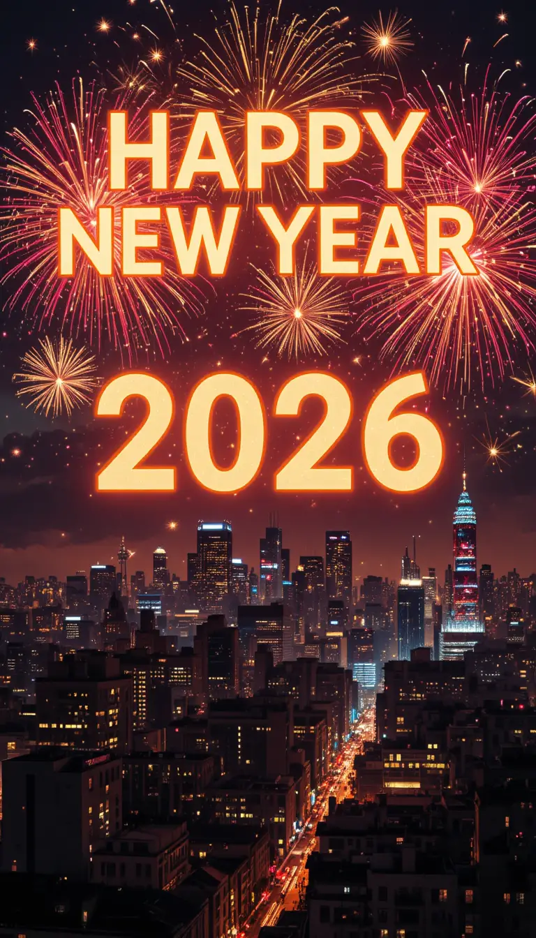 Festive city skyline at night with vibrant new year fireworks
