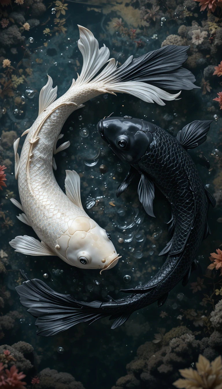 Dois peixes koi girando em um círculo yin-yang em cena subaquática