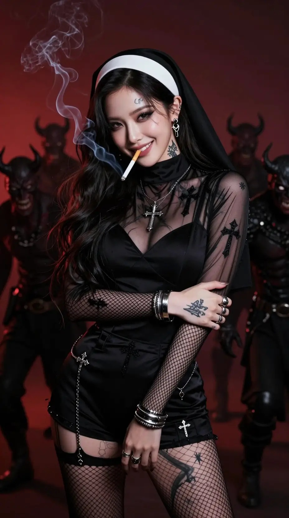 Mulher coreana com hábito de freira transparente, cigarro e tatuagens