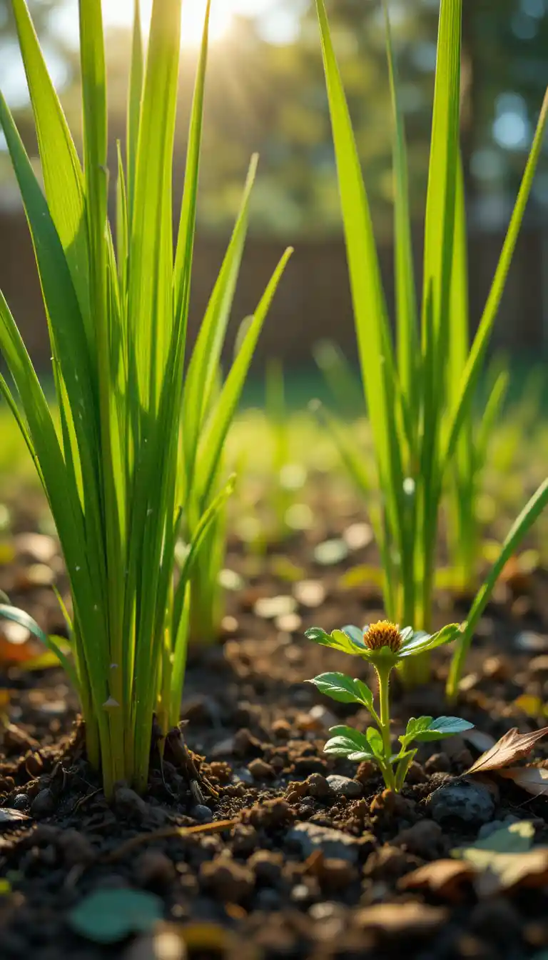 Macro view of sunlit backyard grass towering above soil