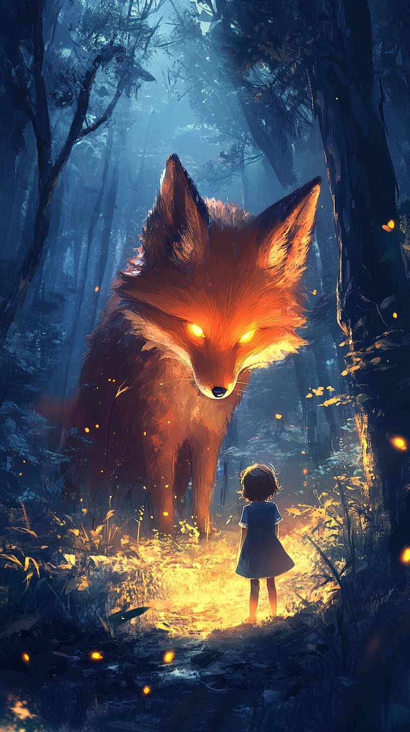 Petit enfant rencontrant un renard géant et lumineux dans une forêt au crépuscule