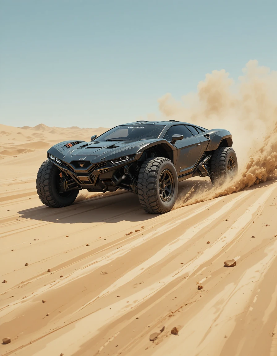 Armored futuristic hypercar racing through a vast desert