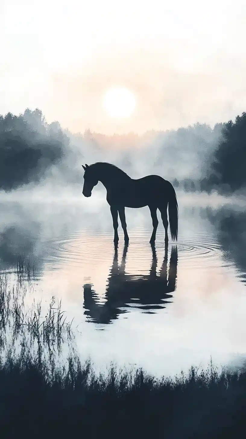 Einsames Pferd an einem stillen See bei sanftem Sonnenaufgang