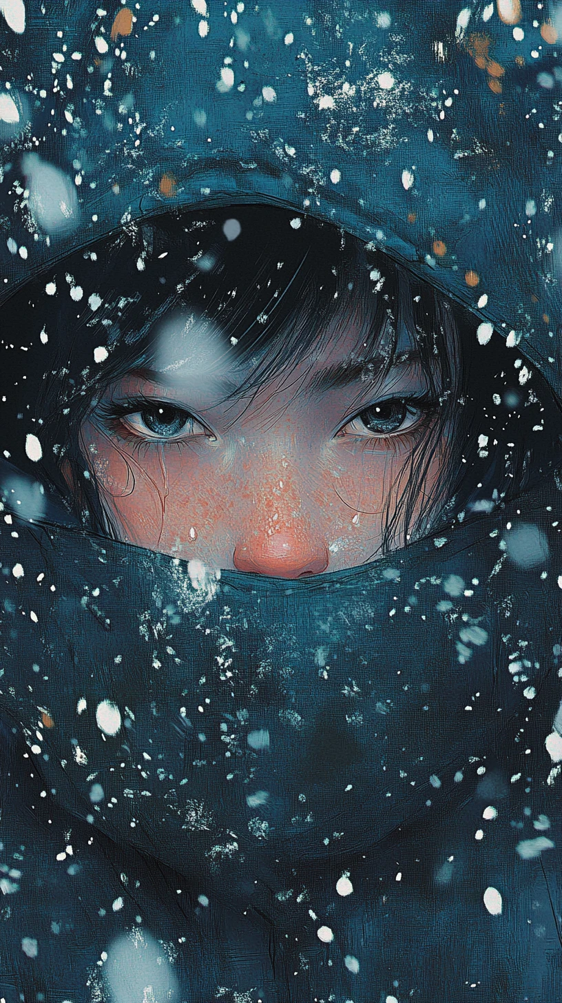 Dame chat en imperméable bleu sous une forte neige mystique